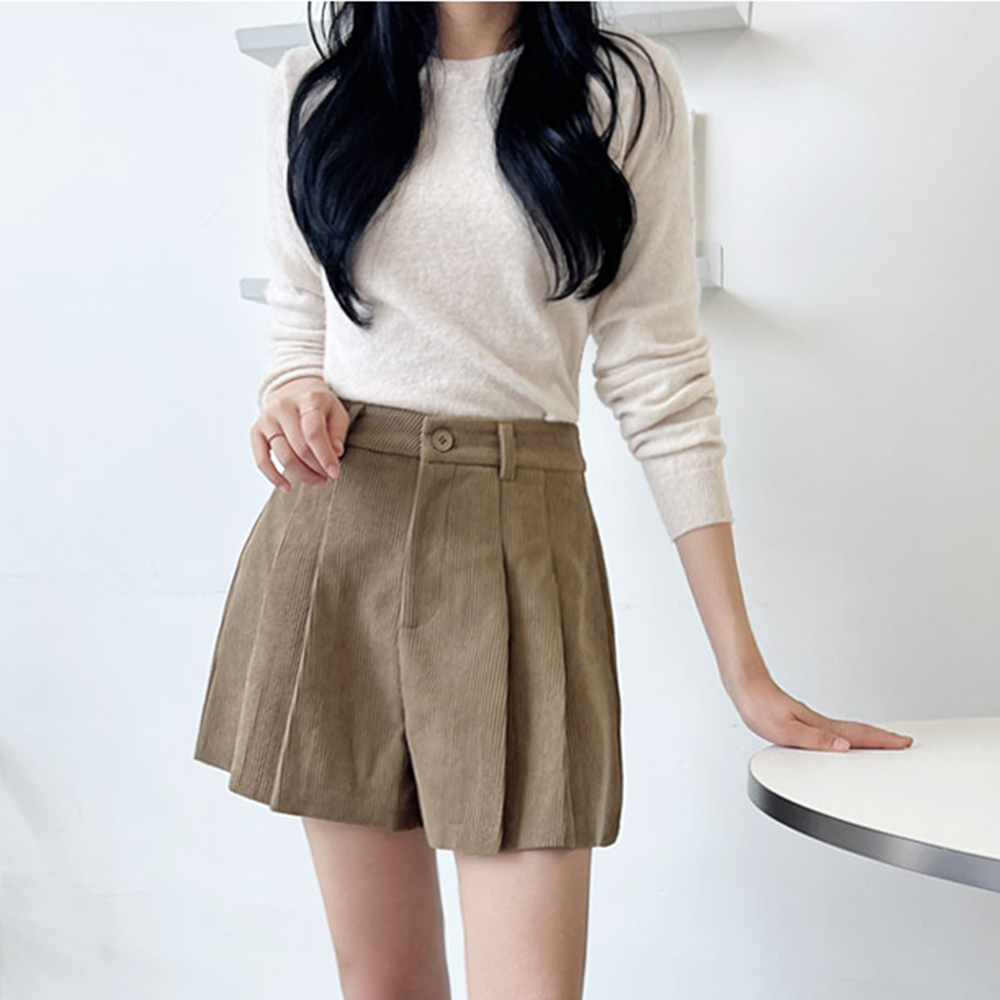 골덴반바지 코듀로이 여성 A라인 핀턱 주름 반바지 - 상세 이미지 4