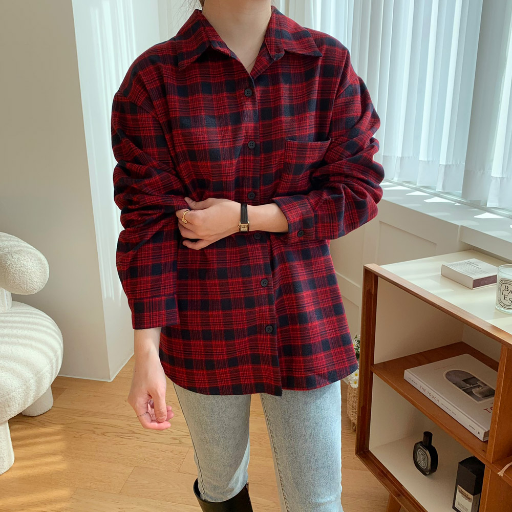 포근한 겨울 여성 체크 셔츠 오버핏 롱 여자셔츠 블라우스 기모 남방 가을 블랙 그린 레드 - 상품 이미지