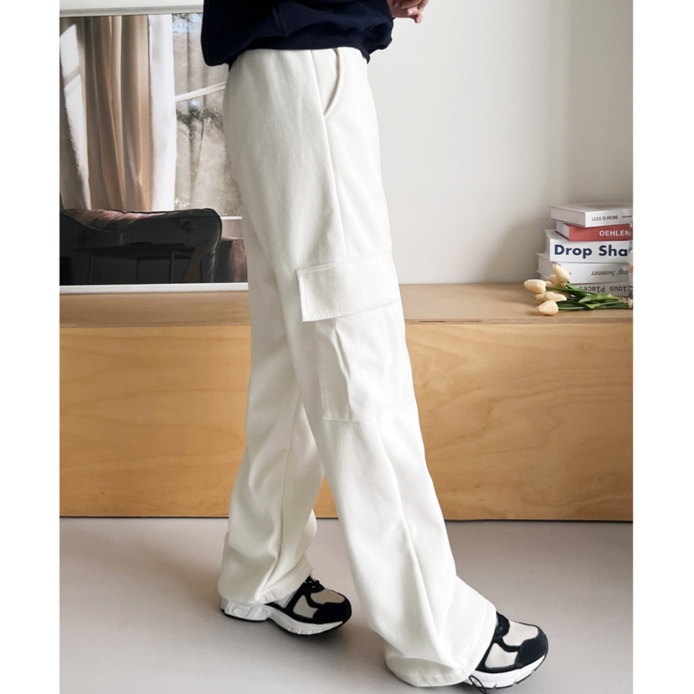 코듀로이팬츠 기모 고무줄 밴딩 여성 와이드 스트링 카고 통바지 - 상세 이미지 5