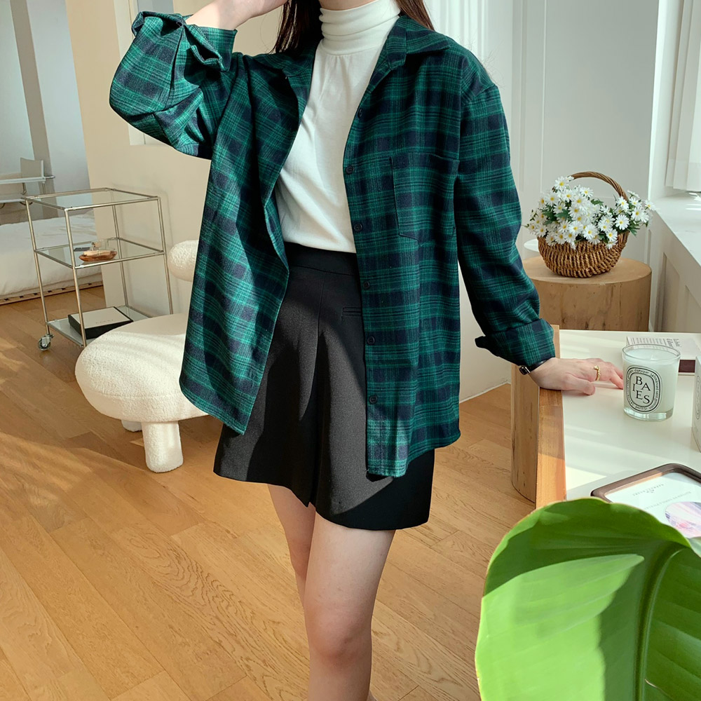 포근한 겨울 여성 체크 셔츠 오버핏 롱 여자셔츠 블라우스 기모 남방 가을 블랙 그린 레드 - 상세 이미지 5