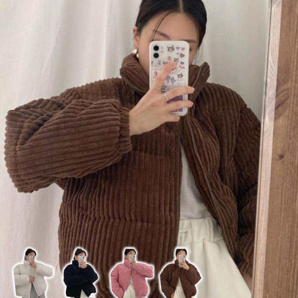 이쁜패딩 코듀로이 숏패딩 20대여성패딩 하이넥 브라운패딩 - 상품 이미지