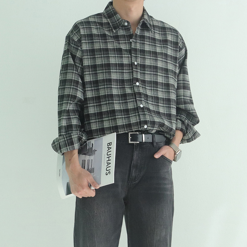 남자 셔츠 오버핏 모직 가을 겨울 체크 셔츠 남자 남방 - 상세 이미지 2