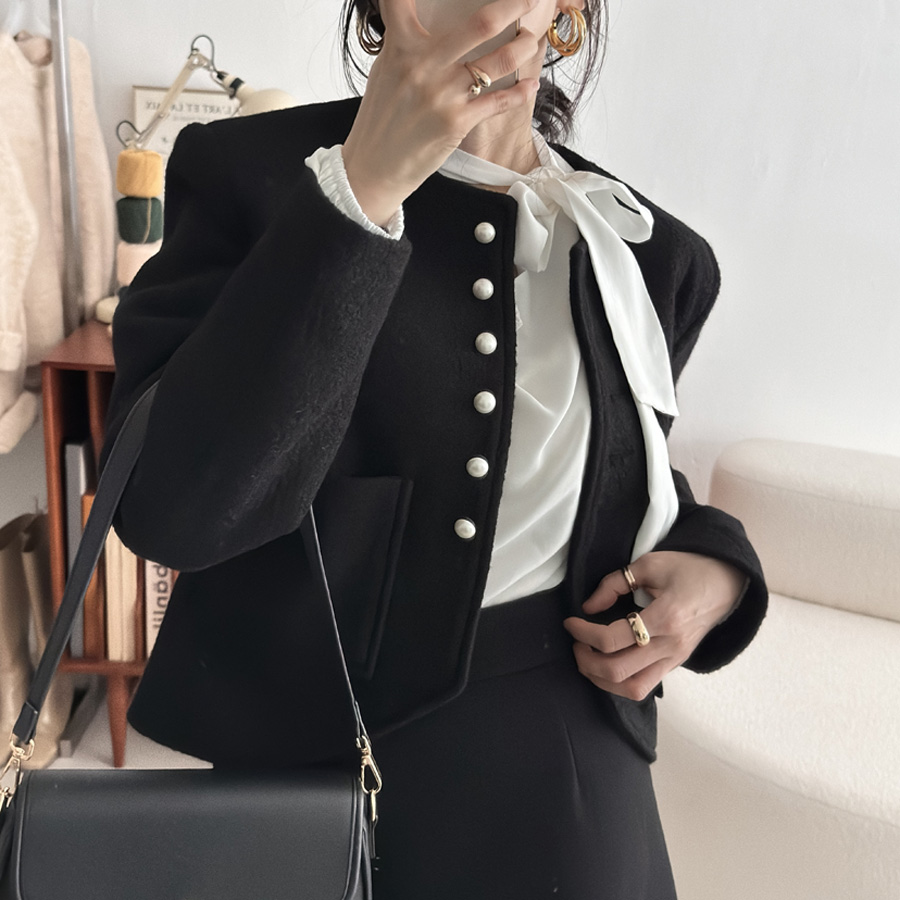 까멜리 하이퀄 도톰한 3온스 누빔 진주단추 부클 모직 싱글 자켓 - 상세 이미지 3