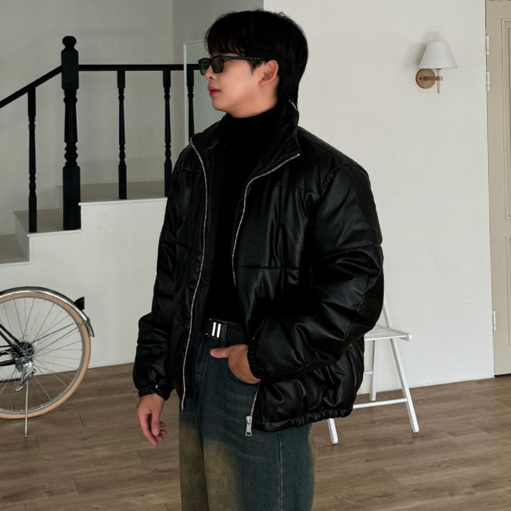 남자 드이 오버핏 겨울 웰론 레더 패딩 점퍼 - 상세 이미지 5