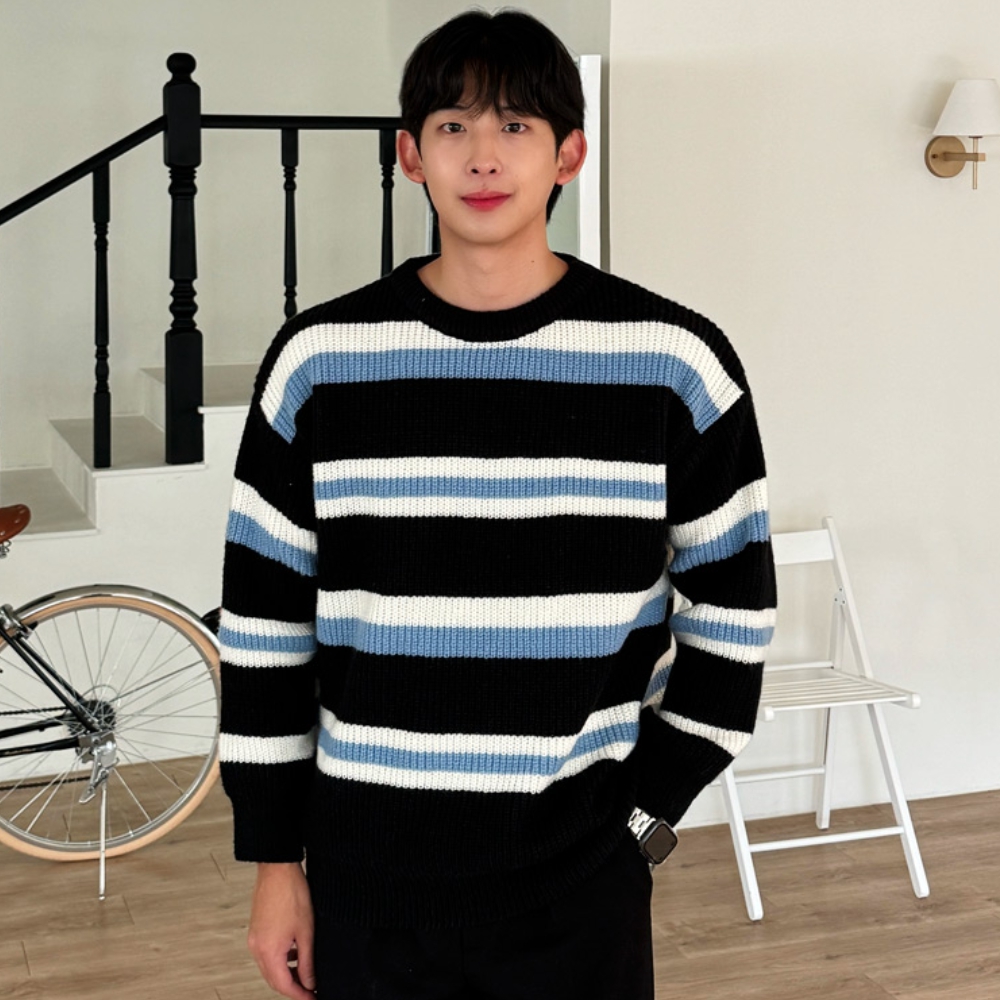 남자 레크 오버핏 가을 겨울 배색 스트라이프 니트 - 상세 이미지 2