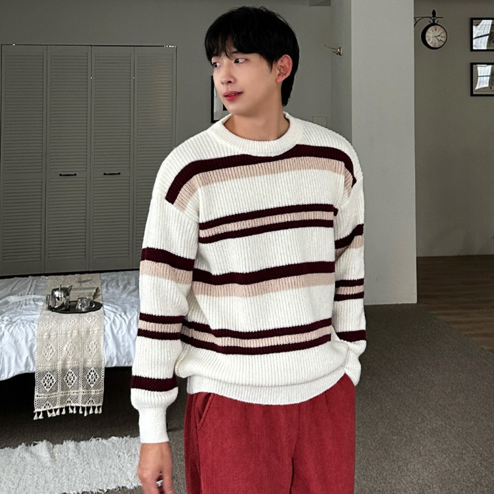 남자 레크 오버핏 가을 겨울 배색 스트라이프 니트 - 상세 이미지 3
