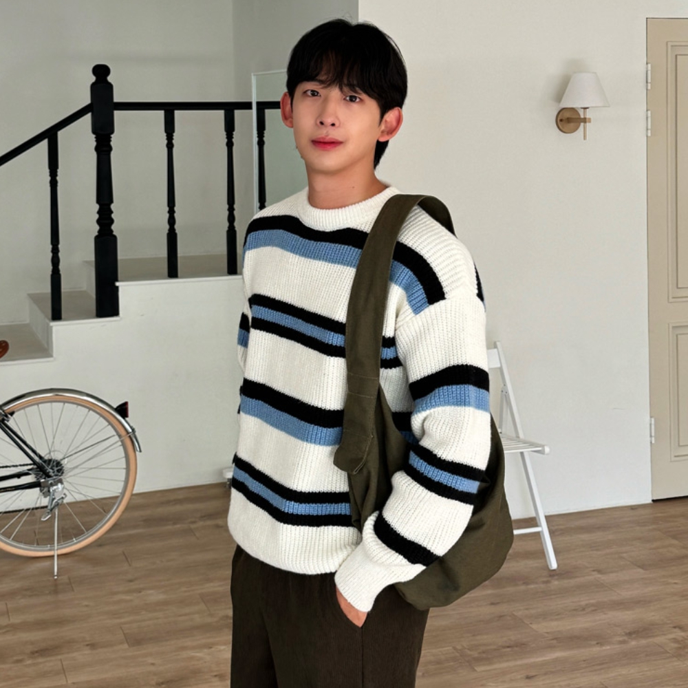 남자 레크 오버핏 가을 겨울 배색 스트라이프 니트 이미지 7