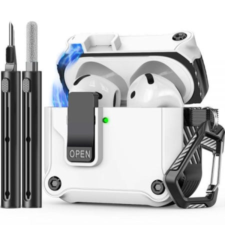 Inesore [해외]Inesore 에어팟 4세대 케이스와 호환, 클리너 키트 포함, 에어팟 4 충전 커버에 안전한 자동 스냅 스위치 [액티브 노이즈 캔슬링 포함] (2024) A-A-A-화이트