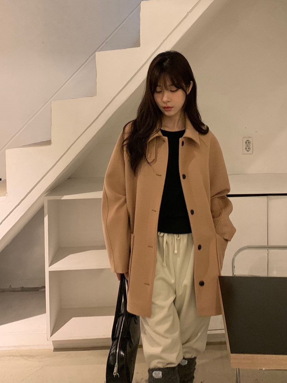 카멜 당일 / 베르가못 브리즈 울 코트 카라 하프 캐시미어 싱글 ct (2 color) 상세 이미지 2