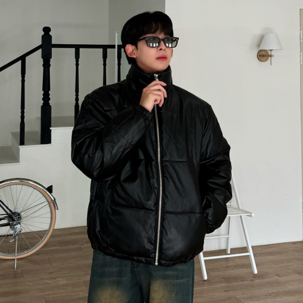 남자 드이 오버핏 겨울 웰론 레더 패딩 점퍼 - 상세 이미지 3