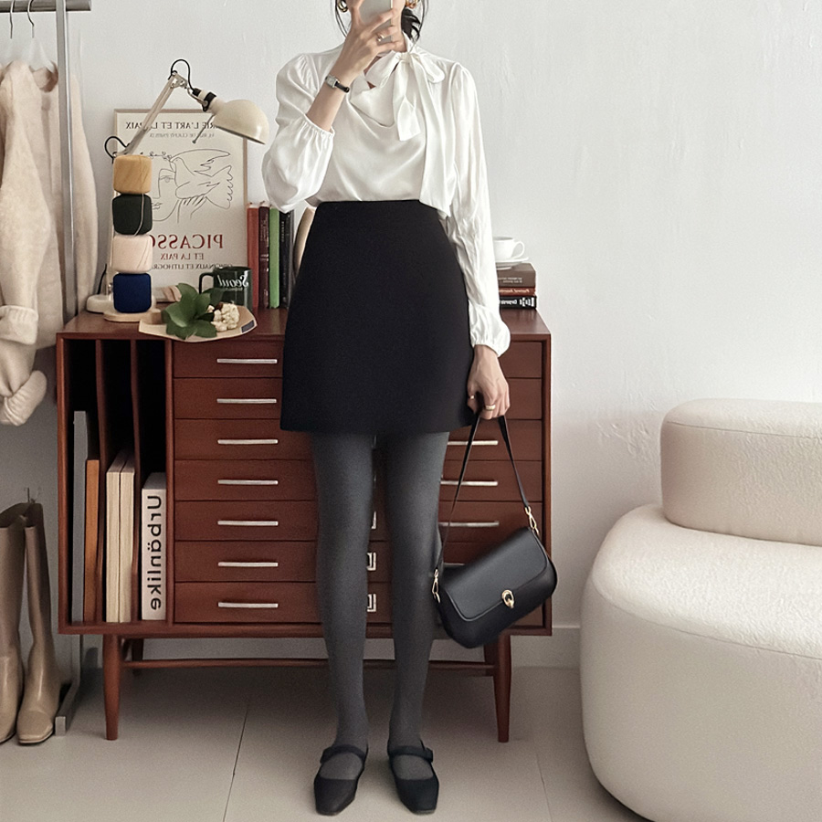 디마르 도톰한 울 모직 A라인 미니 스커트 치마 (BLACK) - 상세 이미지 2