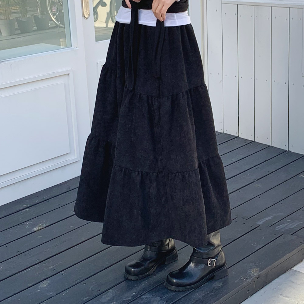 코듀로이 스커트 골덴 치마 플레어 겨울 롱스커트 밴딩 벌룬 캉캉 검정 치마 카키 브라운 제품 이미지