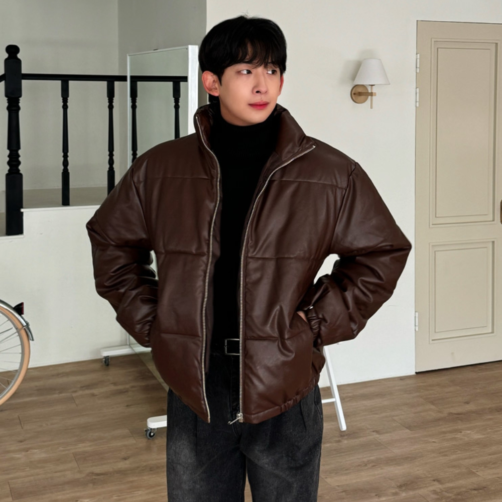 남자 드이 오버핏 겨울 웰론 레더 패딩 점퍼 - 상세 이미지 2