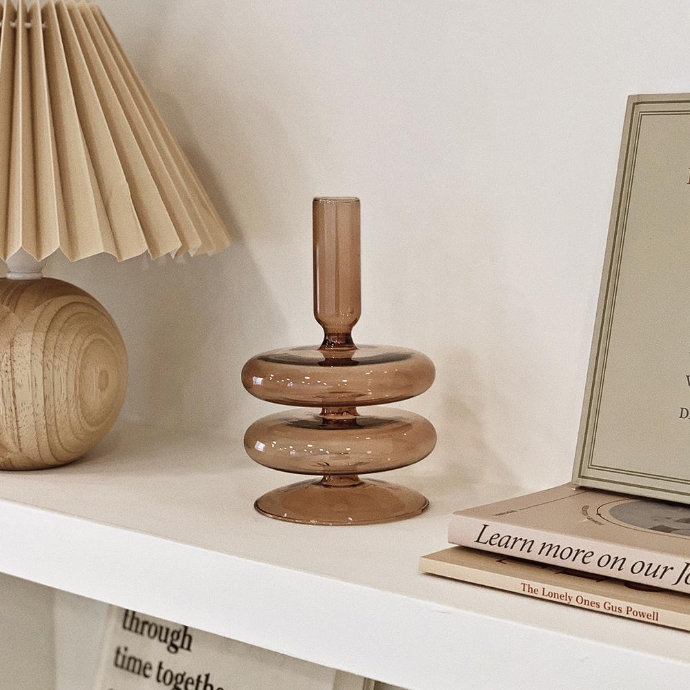 유월가게 빈티지 오브제 유리 촛대 컬러 캔들홀더 브라운 숏타입