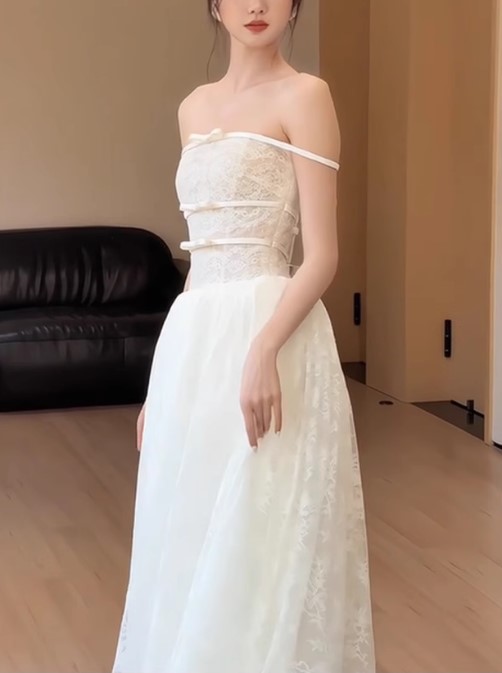 튜브탑 오프숄더 리본 결혼식2부 이브닝 스튜디오촬영 레이스셀프웨딩드레스 - 상세 이미지 3