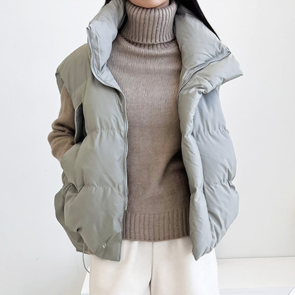 카키패딩조끼 루즈핏 오버핏 여성 하이넥 숏 패딩 베스트 이미지 6