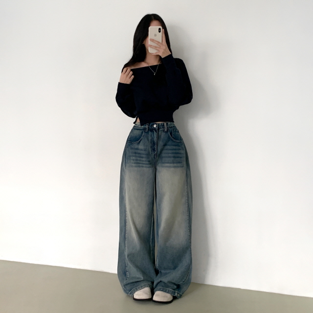 [3단기장/발열원단🔥] 바티안 벌룬핏 사이드 핀턱 겨울 빈티지 워싱 청바지 스냅버튼 히든밴딩 기모 폴딩 와이드 데님 팬츠 상세 이미지 8