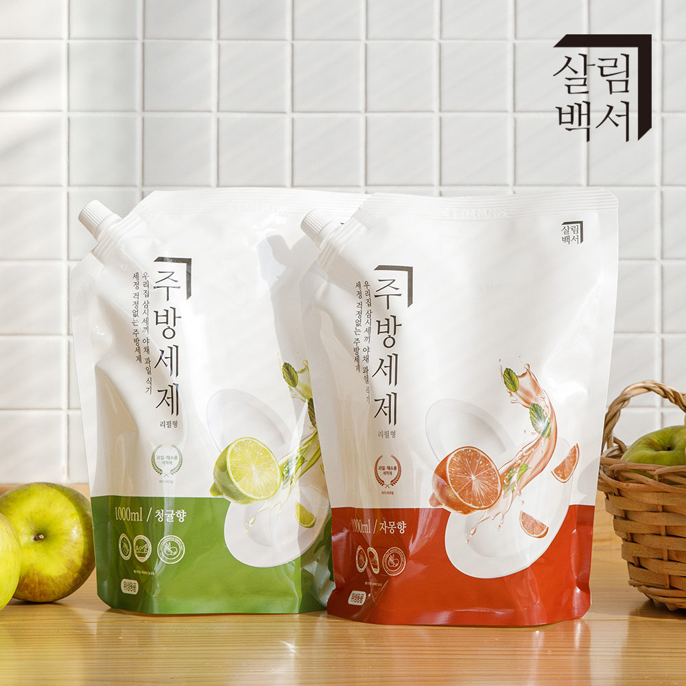 살림백서 천연유래98% 대용량 주방세제 리필 청귤향 1L, 3개