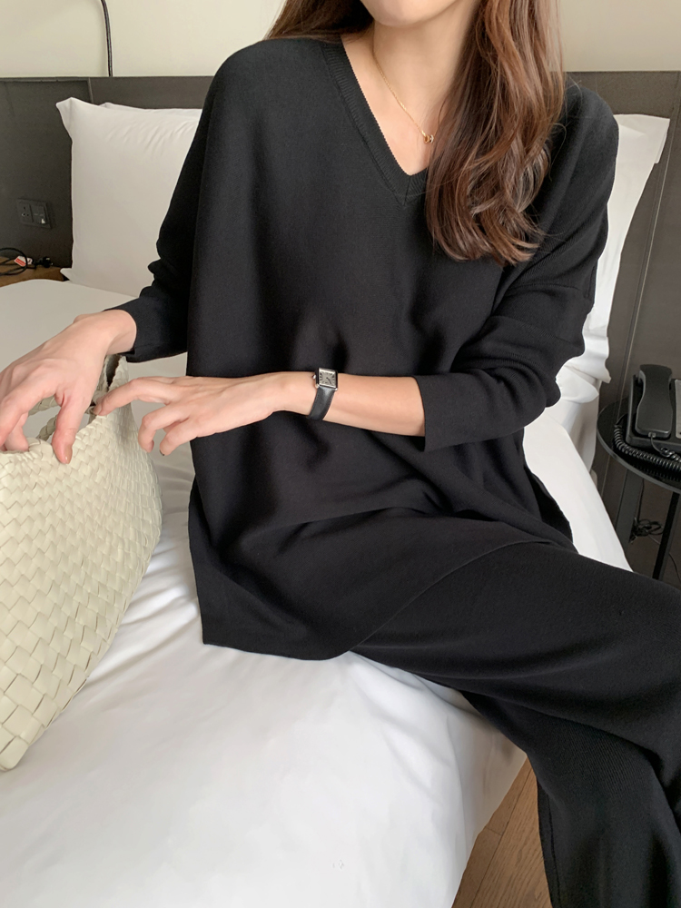 체형커버 빅사이즈 비스코스 니트셋업 밴딩팬츠 상하 여성 니트 투피스 세트 가을 셋업 하객룩 상품 이미지
