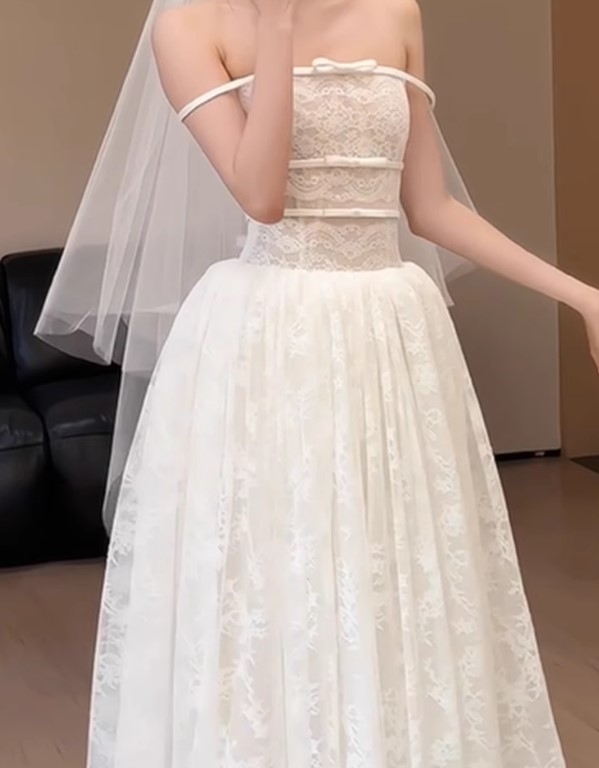 튜브탑 오프숄더 리본 결혼식2부 이브닝 스튜디오촬영 레이스셀프웨딩드레스 - 상세 이미지 5