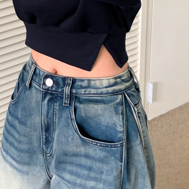 [3단기장/발열원단🔥] 바티안 벌룬핏 사이드 핀턱 겨울 빈티지 워싱 청바지 스냅버튼 히든밴딩 기모 폴딩 와이드 데님 팬츠 상세 이미지 15