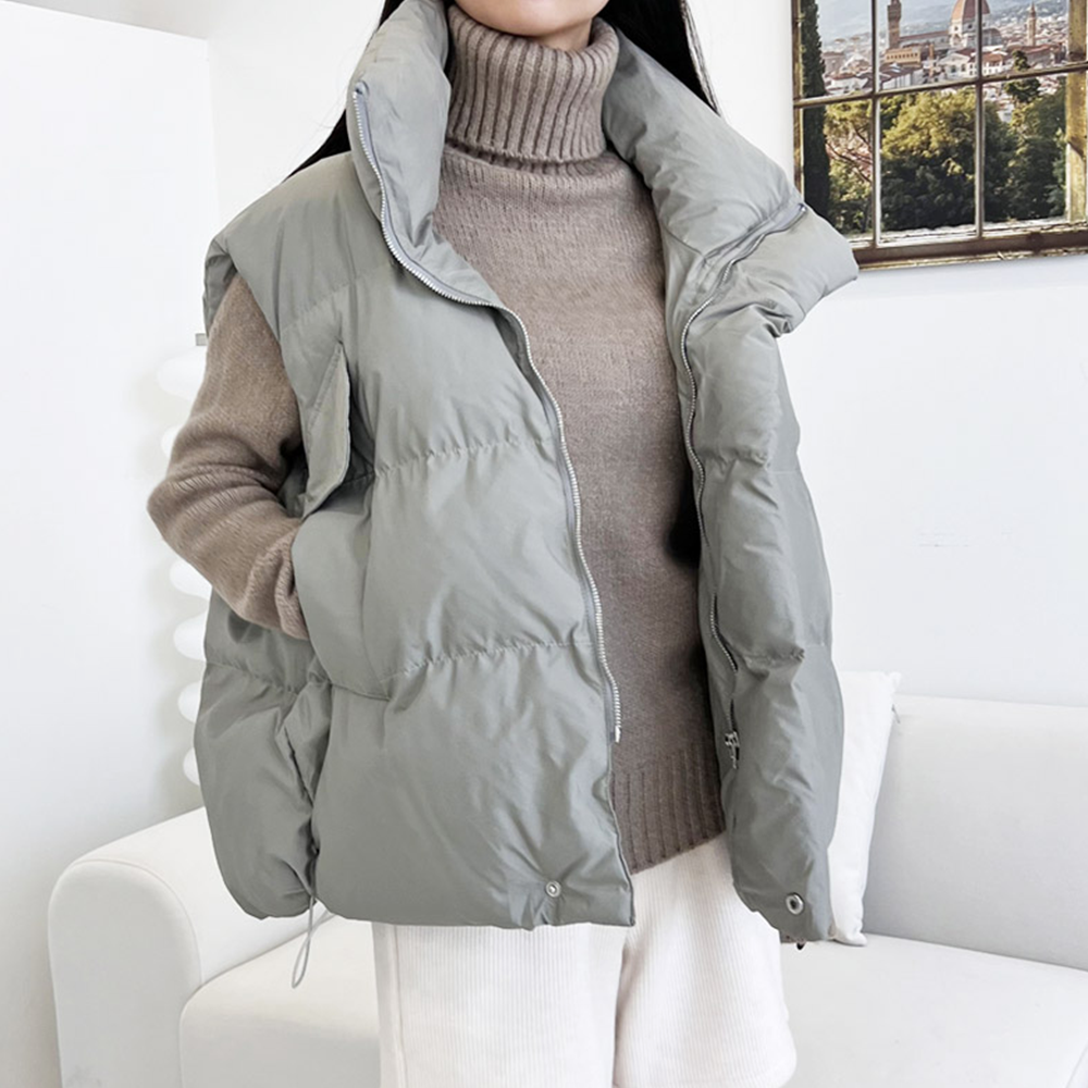카키패딩조끼 루즈핏 오버핏 여성 하이넥 숏 패딩 베스트 이미지 7