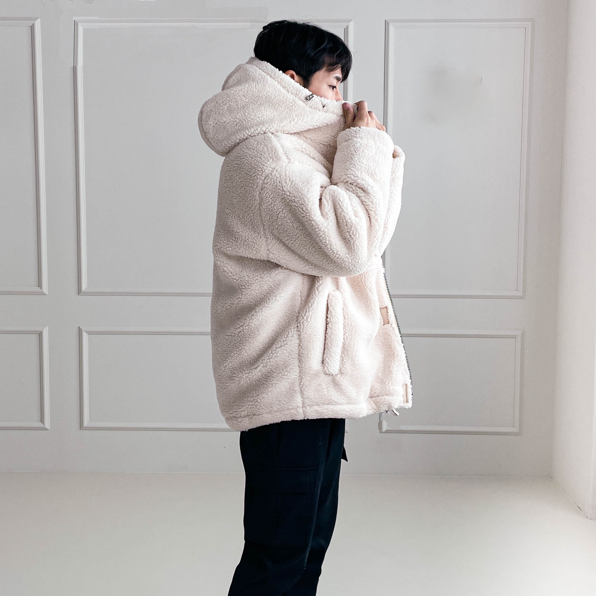 남자 양털 후리스 후드 집업 자켓 - 상세 이미지 2