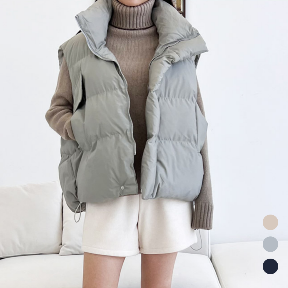 카키패딩조끼 루즈핏 오버핏 여성 하이넥 숏 패딩 베스트
