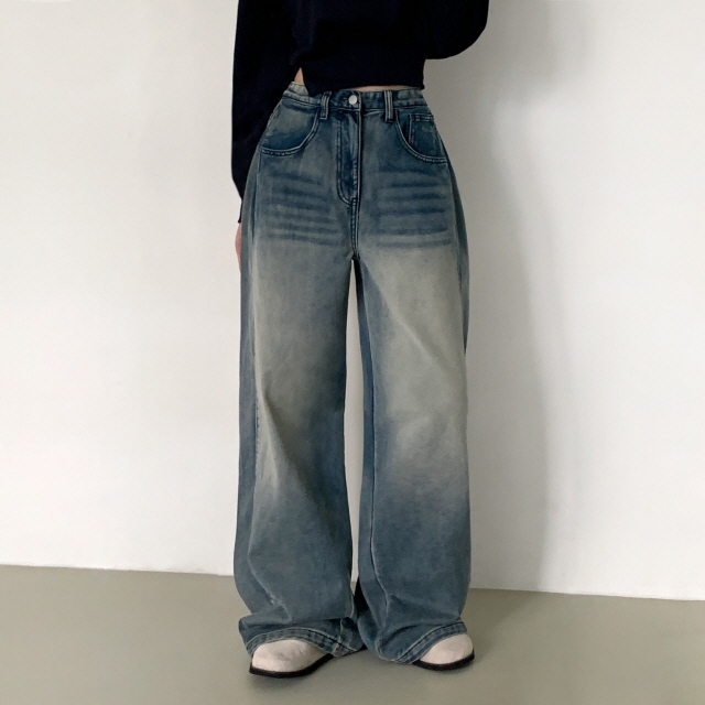 [3단기장/발열원단🔥] 바티안 벌룬핏 사이드 핀턱 겨울 빈티지 워싱 청바지 스냅버튼 히든밴딩 기모 폴딩 와이드 데님 팬츠 상세 이미지 10