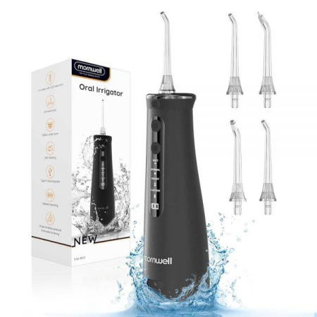 [해외]워터 덴탈 플로서 이빨, 4가지 모드 무선 구강 세정기, 휴대용 및 충전식 IPX7 방수 110일 강력한 배터리 수명 가정용 여행용 워터 치실 Black