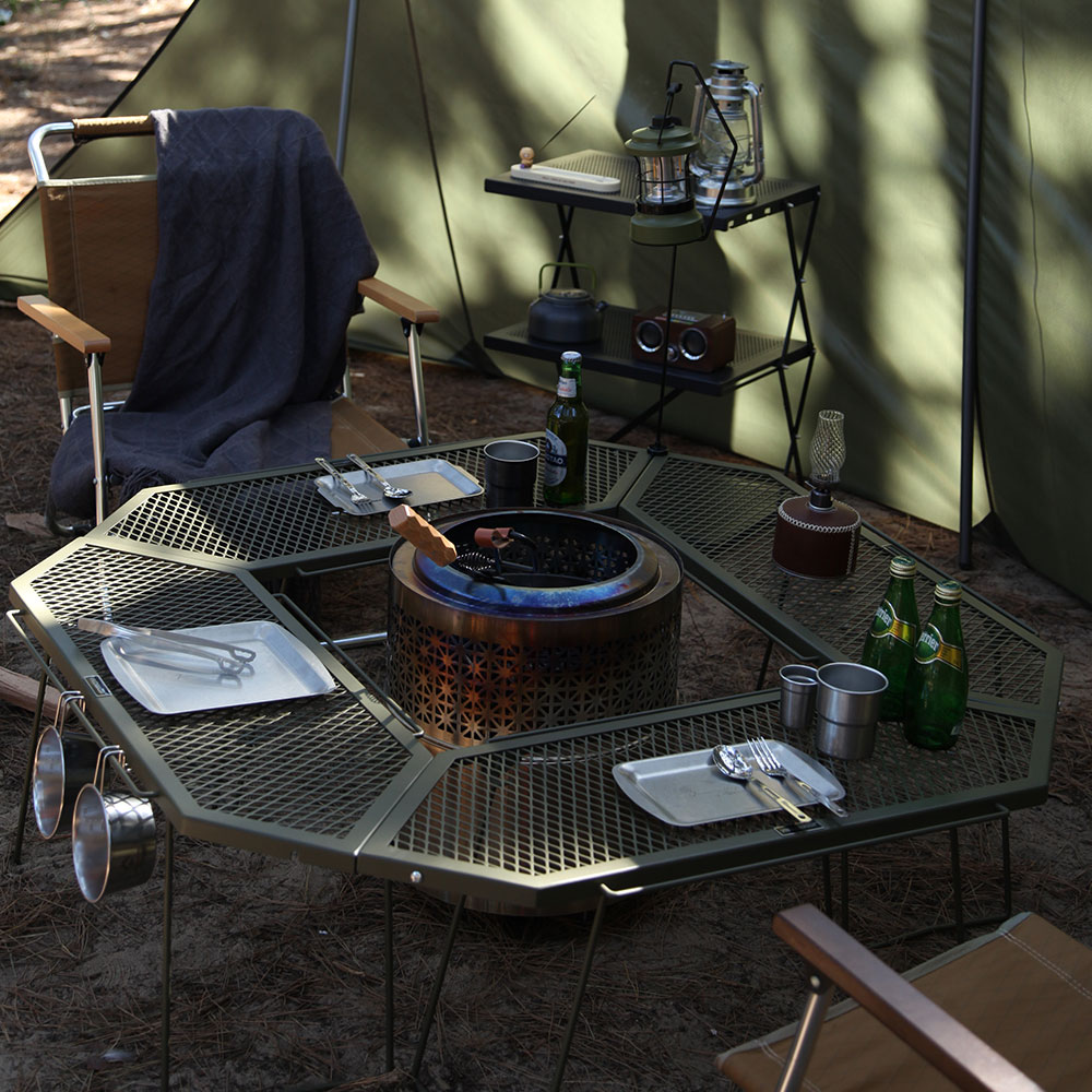 빈슨메시프 파즐 화로대 테이블 2P 폴딩 메쉬 철제선반 캠핑테이블 카키