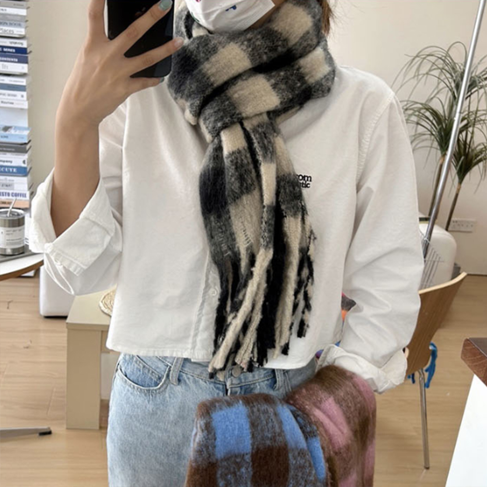 머플러 목도리 커플 남녀공용 여자 남자 겨울 가을 봄 고급 심플 기본 체크 무늬 롱 패션 - 상품 이미지