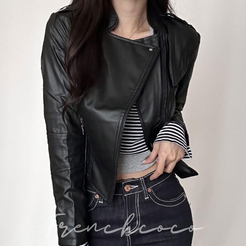 프렌치코코 여성 라이더자켓 심플 슬림핏 사선 크롭