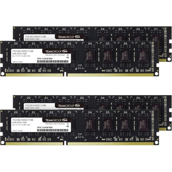 컴퓨터 메모리 RAM 램 팀그룹 엘리트 DDR3 32GB 키트4x8GB 1600MHzPC312800 CL11 언버퍼링 비ECC 1.5V UDIMM 2 32GB Kit (4x8GB)... 