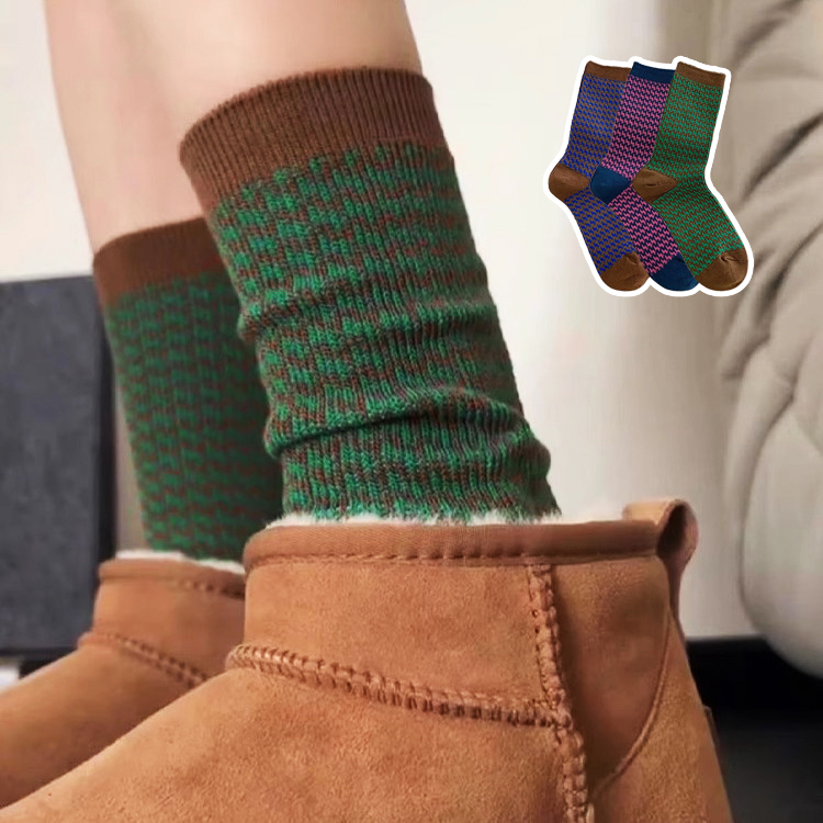 하운드 니트 겨울 체크 패턴 면 여자 중목 양말