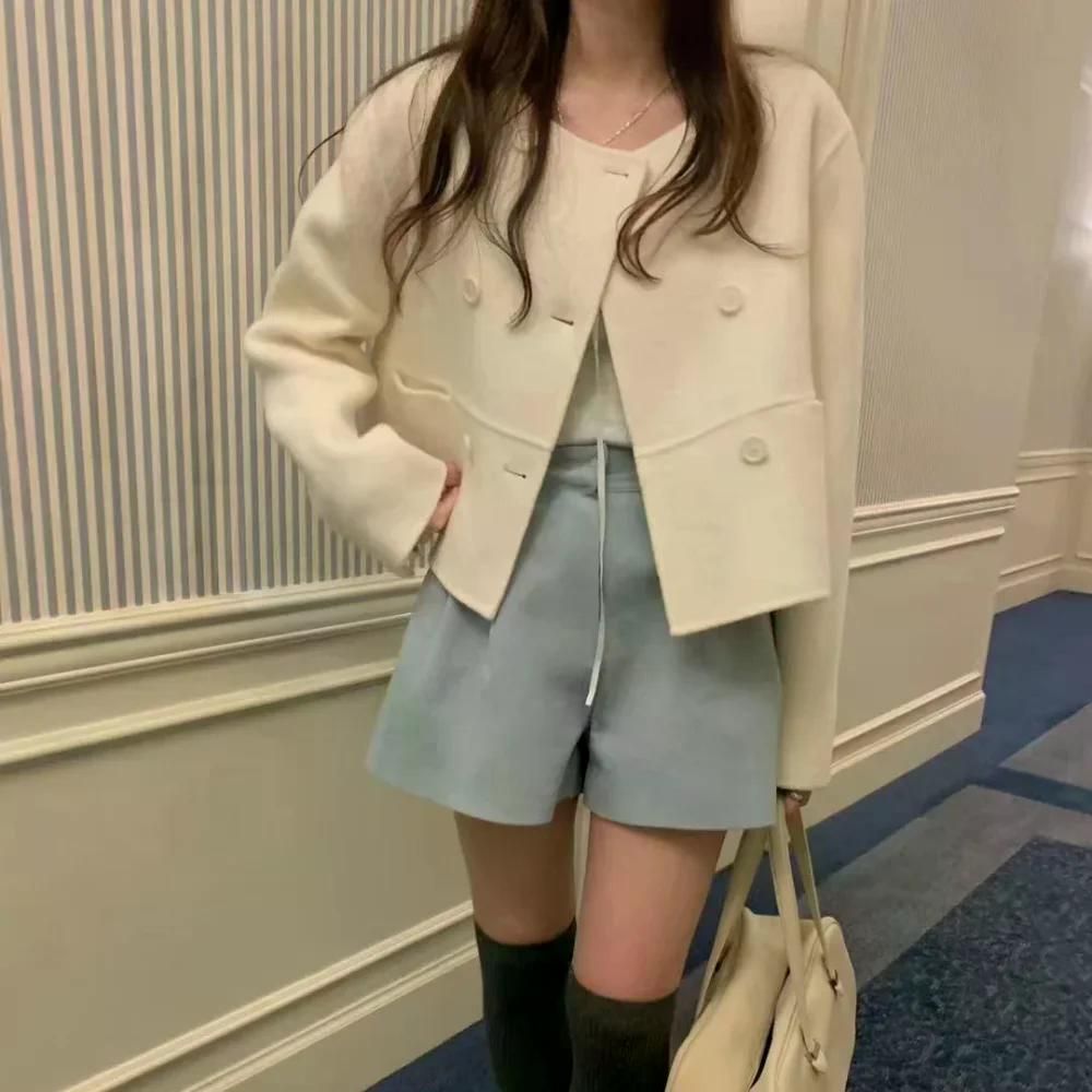 자켓 여성 트위드 빈티지 라운드 넥 더블 행 버클 모직 짧은 재킷 가을 그레이 - 상세 이미지 3