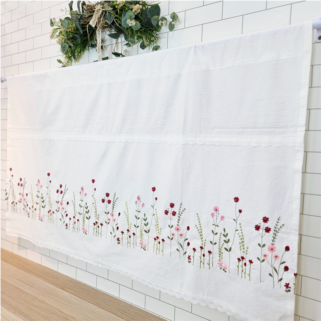 [바란스커튼] 주방 창문 커튼 광목 자수 가리개 70cm 들꽃 홈수니