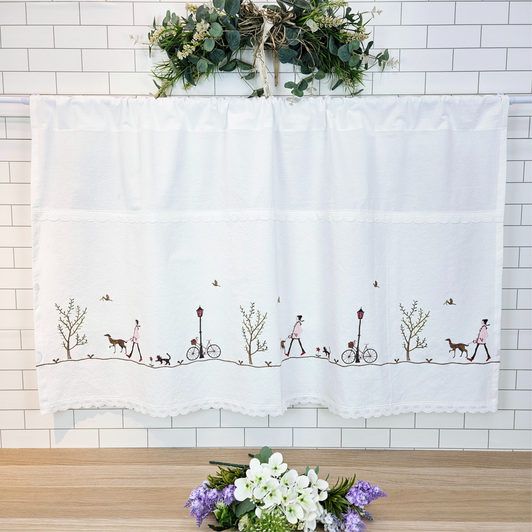 [바란스커튼] 주방 창문 커튼 광목 자수 가리개 70cm 강아지산책 홈수니