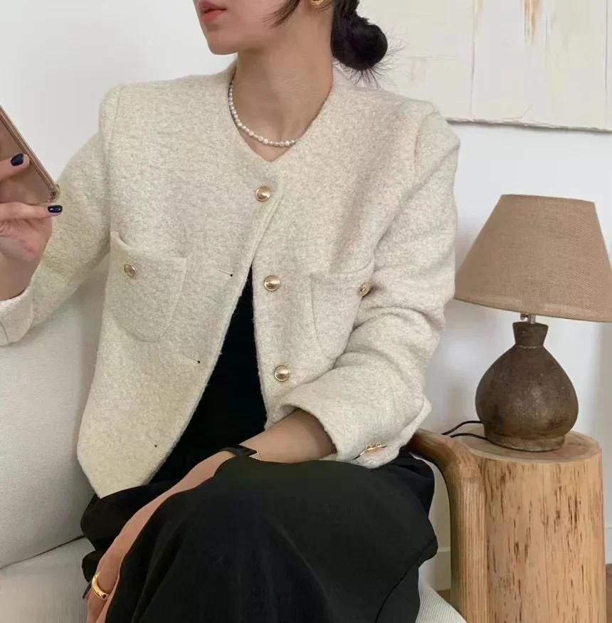 여성 코트 싱글 우아한 트위드 모직 자켓 루즈 피트 몸집이 작은 자른 나일론 카디건 탑 가을 블루 - 상세 이미지 5