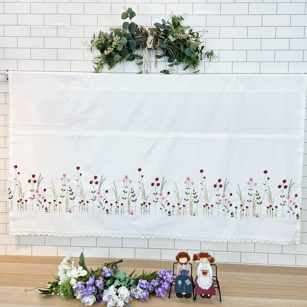 [바란스커튼] 주방 창문 커튼 광목 자수 가리개 70cm 들꽃 홈수니