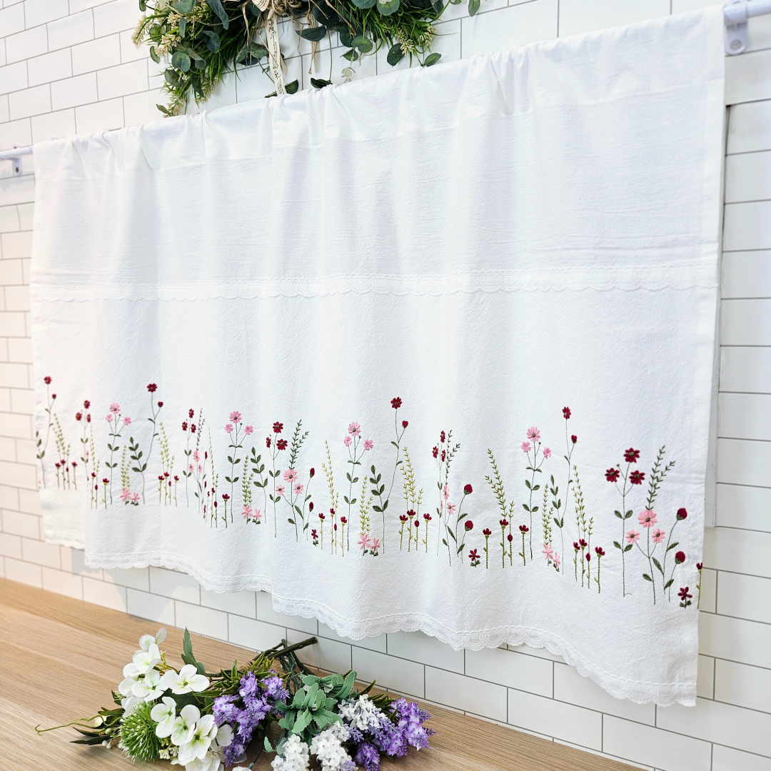 [바란스커튼] 주방 창문 커튼 광목 자수 가리개 70cm 들꽃 홈수니