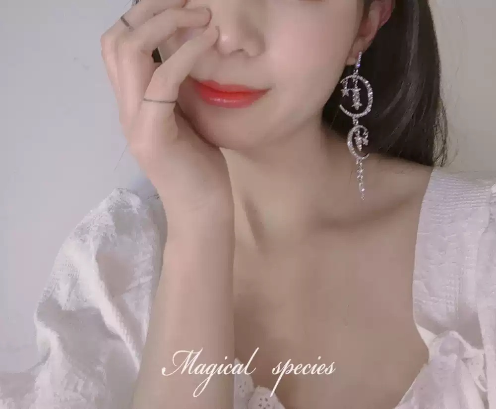 별 달 드롭귀걸이 긴 실버 연예인 드라마 패션 코디 우아한 반짝 큐빅 10.2X2.8CM - 상세 이미지 4