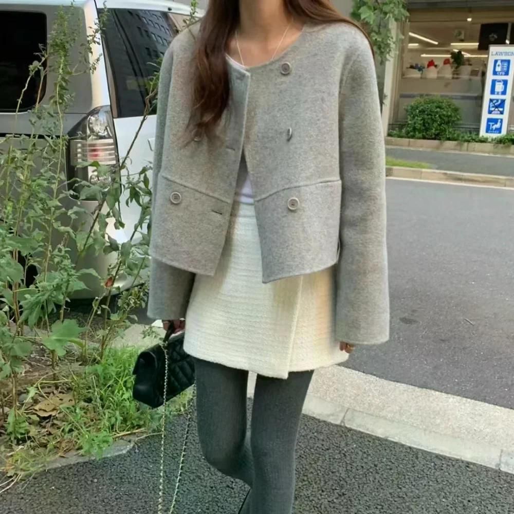 자켓 여성 트위드 빈티지 라운드 넥 더블 행 버클 모직 짧은 재킷 가을 그레이 - 상세 이미지 2