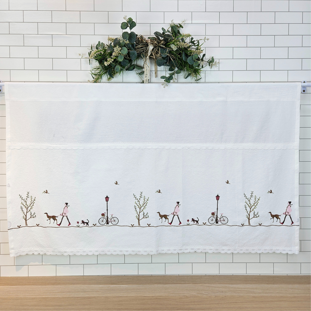 [바란스커튼] 주방 창문 커튼 광목 자수 가리개 70cm 강아지산책 홈수니