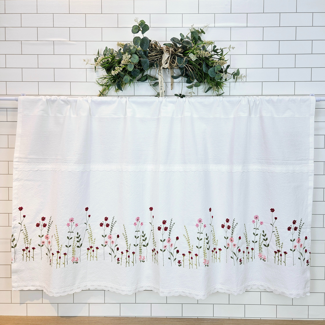 [바란스커튼] 주방 창문 커튼 광목 자수 가리개 70cm 들꽃 홈수니