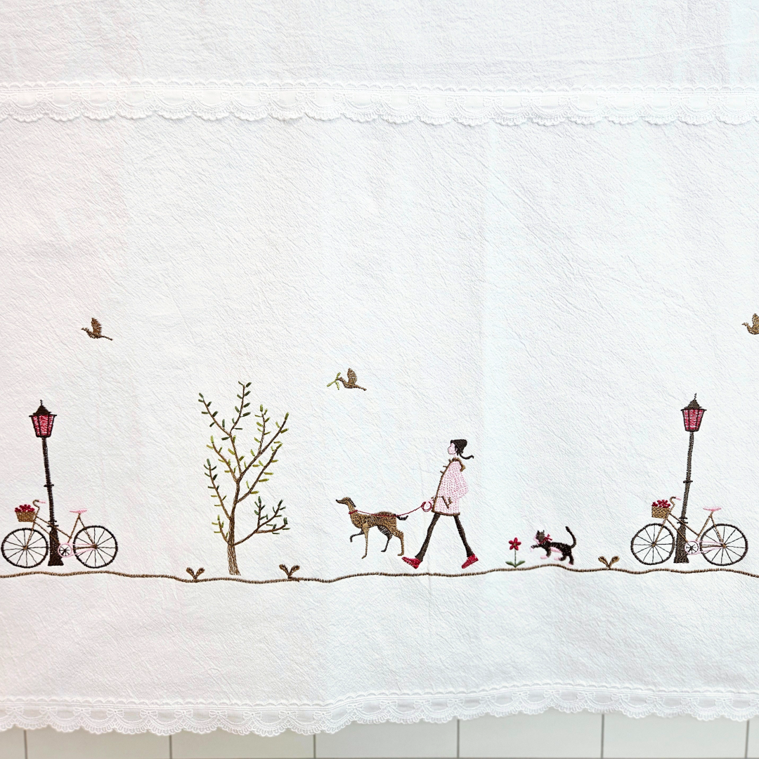 [바란스커튼] 주방 창문 커튼 광목 자수 가리개 70cm 강아지산책 홈수니