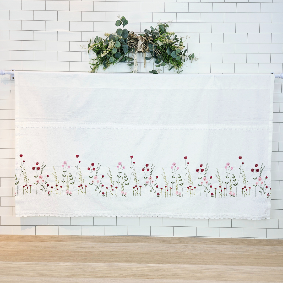 [바란스커튼] 주방 창문 커튼 광목 자수 가리개 70cm 들꽃 홈수니