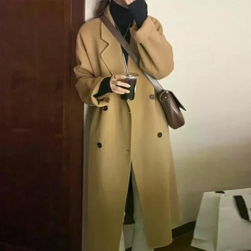 양면 모직 중간 길이 여성 외투 무릎 재킷 가을 겨울 신상 코트 롱코트 더블 핸드메이드 블랙 M - 상세 이미지 4