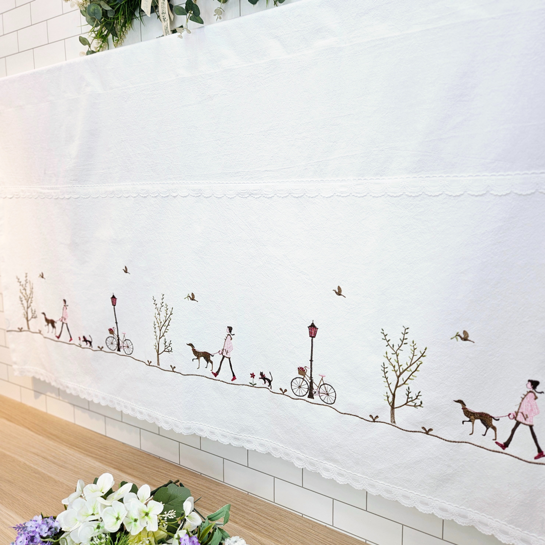 [바란스커튼] 주방 창문 커튼 광목 자수 가리개 70cm 강아지산책 홈수니