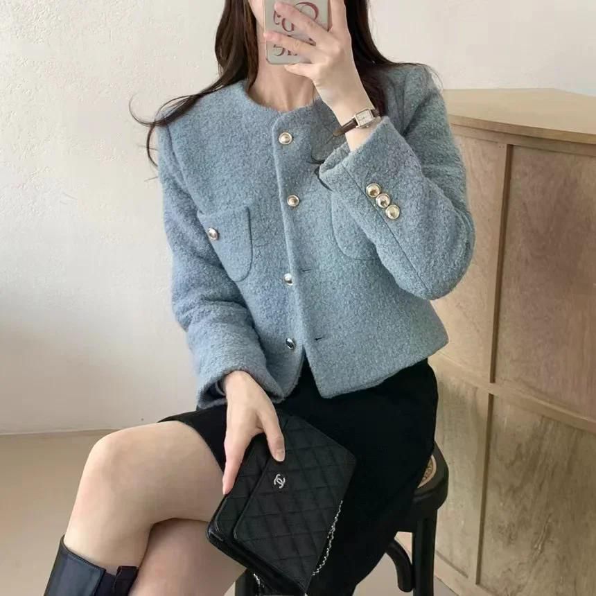 여성 코트 싱글 우아한 트위드 모직 자켓 루즈 피트 몸집이 작은 자른 나일론 카디건 탑 가을 블루 - 상품 이미지